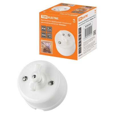 Выключатель фарфоровый поворотный 2-кл. с ручкой (бантик) 10А белый «Болонь» TDM Выключатель фарфоровый поворотный 2-кл. с ручкой (бантик) 10А белый «Болонь» TDM