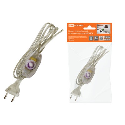Шнур с плоской вилкой и светорегулятором ШУ05С4 (200Вт, RL) ШВВП 2х0,75мм2 2м. прозрачный TDM Шнур с плоской вилкой и светорегулятором ШУ05С4 (200Вт, RL) ШВВП 2х0,75мм2 2м. прозрачный TDM