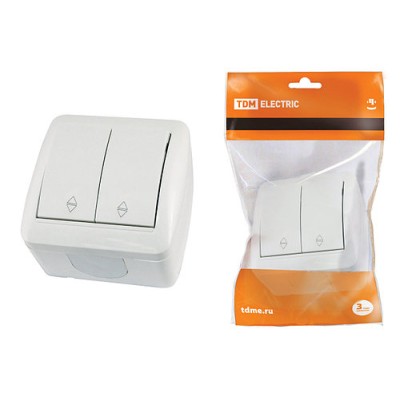 Выключатель на 2 направления 2-кл. открытой установки IP44 10А белый "Селигер" TDM Выключатель на 2 направления 2-кл. открытой установки IP44 10А белый "Селигер" TDM