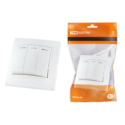 Выключатель 3 кл. с подсветкой 10А белый "Таймыр" TDM Выключатель 3 кл. с подсветкой 10А белый "Таймыр" TDM