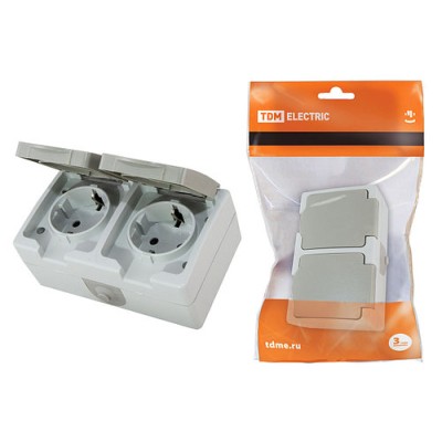 Розетка двойная 2П+З (горизонтальная) открытой установки IP54 16А серая "Вуокса" TDM Розетка двойная 2П+З (горизонтальная) открытой установки IP54 16А серая "Вуокса" TDM