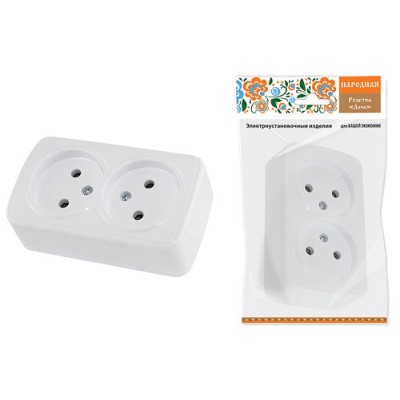 Розетка двойная 2П открытой установки IP20 10А, белая "Дача" Народная Розетка двойная 2П открытой установки IP20 10А, белая "Дача" Народная