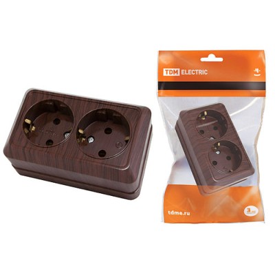 Розетка двойная 2П+З открытой установки IP20 16А, бук "Ладога" TDM Розетка двойная 2П+З открытой установки IP20 16А, бук "Ладога" TDM