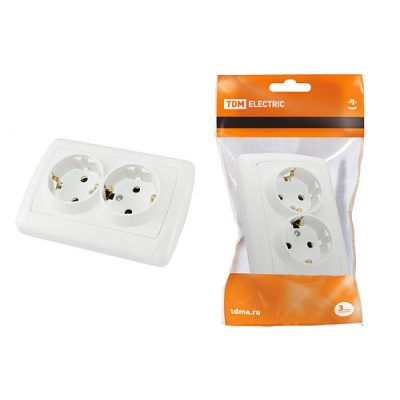Розетка двойная 2П+3 16А 250В белая "Онега" TDM Розетка двойная 2П+3 16А 250В белая "Онега" TDM