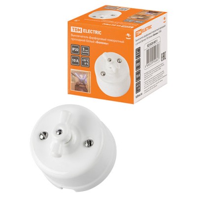 Выключатель фарфоровый поворотный проходной с ручкой (бантик) 10А белый «Болонь» TDM Выключатель фарфоровый поворотный проходной с ручкой (бантик) 10А белый «Болонь» TDM