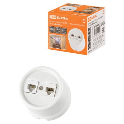 Розетка телефонная RJ11 + компьютерная RJ45 белая «Болонь» TDM Розетка телефонная RJ11 + компьютерная RJ45 белая «Болонь» TDM