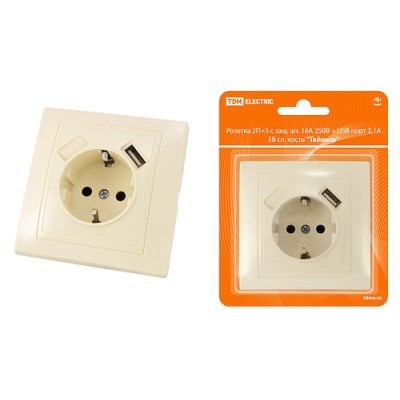 Розетка 2П+З с защ. шт. 16А 250В + USB порт 2,1А 5В сл. кость "Таймыр" TDM Розетка 2П+З с защ. шт. 16А 250В + USB порт 2,1А 5В сл. кость "Таймыр" TDM