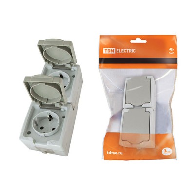 Розетка двойная 2П+З (вертикальная) открытой установки IP54 16А серая "Вуокса" TDM Розетка двойная 2П+З (вертикальная) открытой установки IP54 16А серая "Вуокса" TDM