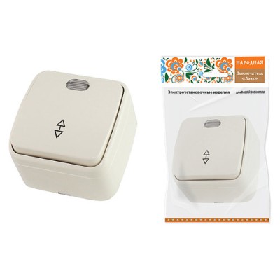 Переключатель на 2 направления 1-кл. открытой устан с подсветкой IP20 10А, сл. кость "Дача" Народная Переключатель на 2 направления 1-кл. открытой устан с подсветкой IP20 10А, сл. кость "Дача" Народная