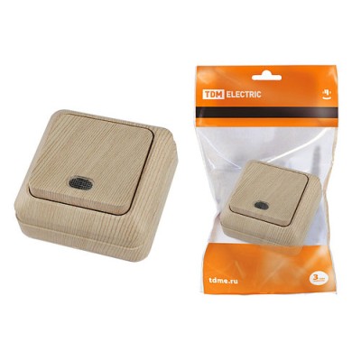 Выключатель 1-кл. открытой установки с подсветкой IP20 10А, сосна "Ладога" TDM Выключатель 1-кл. открытой установки с подсветкой IP20 10А, сосна "Ладога" TDM