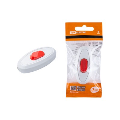 Выключатель на шнур 6А 250В белый с красной кнопкой TDM Выключатель на шнур 6А 250В белый с красной кнопкой TDM