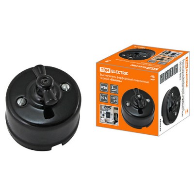 Выключатель фарфоровый поворотный с ручкой (бантик) 10А черный «Болонь» TDM Выключатель фарфоровый поворотный с ручкой (бантик) 10А черный «Болонь» TDM