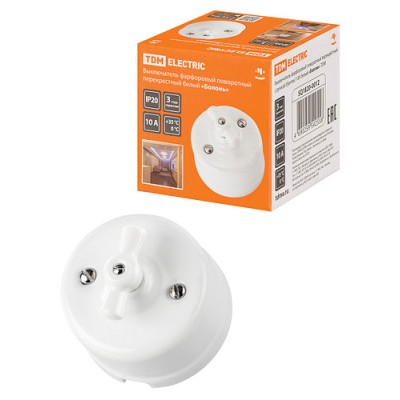 Выключатель фарфоровый поворотный перекрёстный с ручкой (бантик) 10А белый «Болонь» TDM Выключатель фарфоровый поворотный перекрёстный с ручкой (бантик) 10А белый «Болонь» TDM