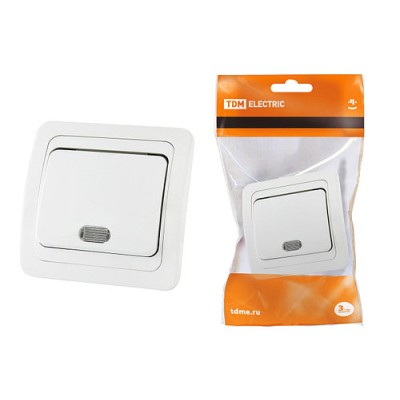 Выключатель 1-кл. с подсветкой 10А белый "Валдай" TDM Выключатель 1-кл. с подсветкой 10А белый "Валдай" TDM