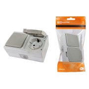 Блок (горизонтальный) выключатель 1-кл. + розетка 2П+З с з/ш БКВР IP54 серый "Вуокса" TDM