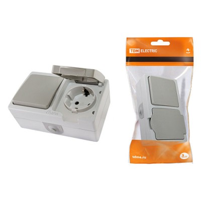 Блок (горизонтальный) выключатель 1-кл. + розетка 2П+З с з/ш БКВР IP54 серый "Вуокса" TDM Блок (горизонтальный) выключатель 1-кл. + розетка 2П+З с з/ш БКВР IP54 серый "Вуокса" TDM
