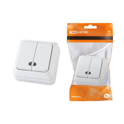 Выключатель 2-кл. открытой установки с подсветкой IP20 10А, белый "Ладога" TDM Выключатель 2-кл. открытой установки с подсветкой IP20 10А, белый "Ладога" TDM