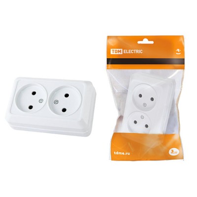 Розетка двойная 2П открытой установки IP20 10А, белая "Ладога" TDM Розетка двойная 2П открытой установки IP20 10А, белая "Ладога" TDM