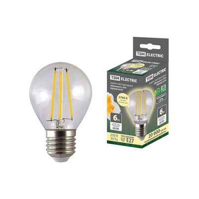 Лампа светодиодная "Филамент" G45-6 Вт-230 В-2700 К–E27 TDM Лампа светодиодная "Филамент" G45-6 Вт-230 В-2700 К–E27 TDM