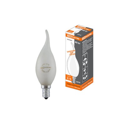 Лампа накаливания "Свеча на ветру" матовая 40 Вт-230 В-Е14 TDM Лампа накаливания "Свеча на ветру" матовая 40 Вт-230 В-Е14 TDM