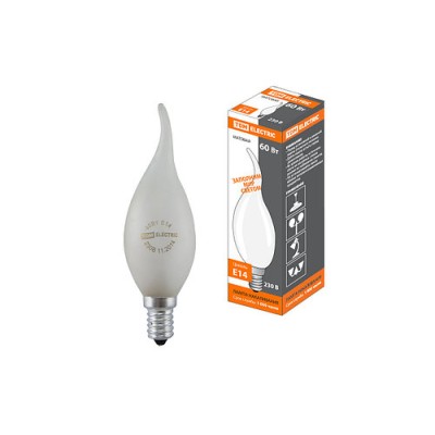 Лампа накаливания "Свеча на ветру" матовая 60 Вт-230 В Е14 TDM Лампа накаливания "Свеча на ветру" матовая 60 Вт-230 В Е14 TDM