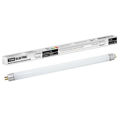 Лампа люминесцентная линейная двухцокольная ЛЛ-12/6Вт, T4/G5, 6500 К, длина 219,2мм TDM Лампа люминесцентная линейная двухцокольная ЛЛ-12/6Вт, T4/G5, 6500 К, длина 219,2мм TDM