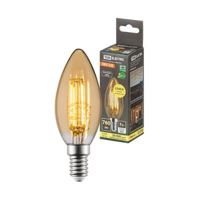 Лампа светодиодная «Винтаж» золотистая FС37, 7 Вт, 230 В, 2700 К, E14 (свеча) TDM Лампа светодиодная «Винтаж» золотистая FС37, 7 Вт, 230 В, 2700 К, E14 (свеча) TDM
