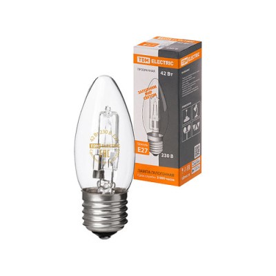 Лампа галогенная "Свеча" прозрачная 42 Вт-230 В-Е27 TDM Лампа галогенная "Свеча" прозрачная 42 Вт-230 В-Е27 TDM