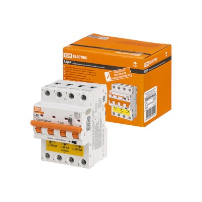 Дифференциальный автоматический выключатель АД4P 4Р С40 30-100-300мА 6кА тип АС TDM Дифференциальный автоматический выключатель АД4P 4Р С40 30-100-300мА 6кА тип АС TDM