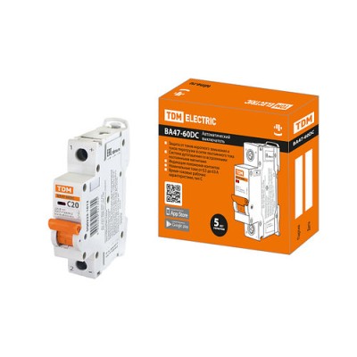 Автоматический выключатель ВА47-60DC 1P 20А 6кА х-ка С 220В пост. тока TDM Автоматический выключатель ВА47-60DC 1P 20А 6кА х-ка С 220В пост. тока TDM