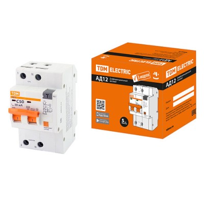 Диф. автомат АД12 2P, C50, 30 мА, 4,5 кА, тип АС, 3 мод, TDM Диф. автомат АД12 2P, C50, 30 мА, 4,5 кА, тип АС, 3 мод, TDM