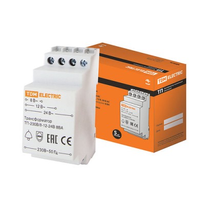 Трансформатор понижающий (звонковый) ТП-230В/8-12-24В 8ВА DIN-рейка TDM Трансформатор понижающий (звонковый) ТП-230В/8-12-24В 8ВА DIN-рейка TDM