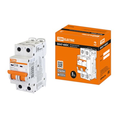 Автоматический выключатель ВА47-60DC 2P 10А 6кА х-ка С 440В пост. тока TDM Автоматический выключатель ВА47-60DC 2P 10А 6кА х-ка С 440В пост. тока TDM