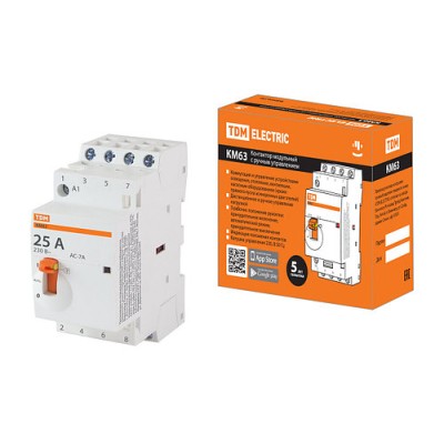 Контактор модульный с ручным управлением КМ63/4-25 4НО 230В АС TDM Контактор модульный с ручным управлением КМ63/4-25 4НО 230В АС TDM