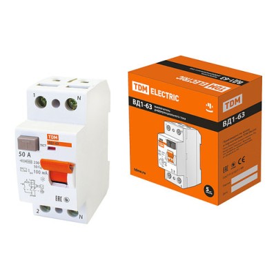 Устройство защитного отключения ВД1-63 2Р 50А 100мА TDM Устройство защитного отключения ВД1-63 2Р 50А 100мА TDM