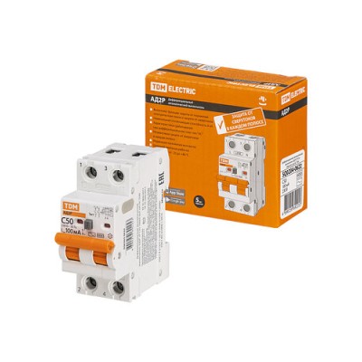 Дифференциальный автоматический выключатель АД2P 2Р С50 100мА 6кА тип АС TDM Дифференциальный автоматический выключатель АД2P 2Р С50 100мА 6кА тип АС TDM