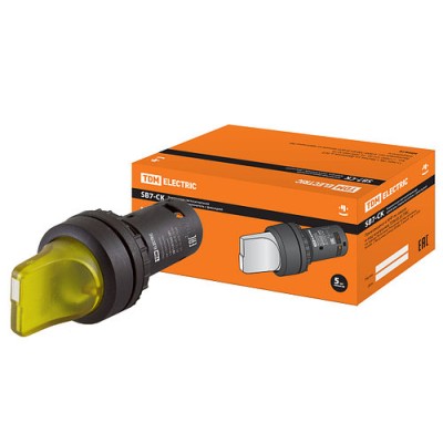 Переключатель на 3 положения SB7-CK3565 с фиксацией, 1НО+1НЗ, стандартная ручка, d22 мм, с подсветкой 24 В Переключатель на 3 положения SB7-CK3565 с фиксацией, 1НО+1НЗ, стандартная ручка, d22 мм, с подсветкой 24 В