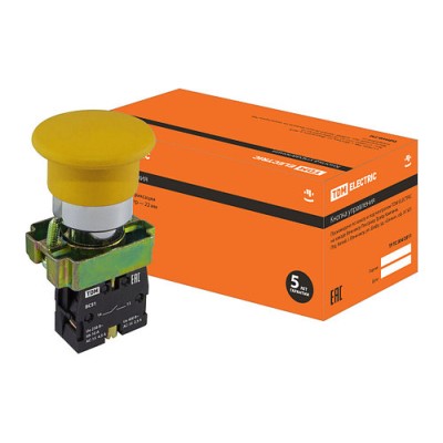 Кнопка грибовидная SB2-BС51 с возвратом, 1НО, d22 мм, желтая, IP40 TDM Кнопка грибовидная SB2-BС51 с возвратом, 1НО, d22 мм, желтая, IP40 TDM