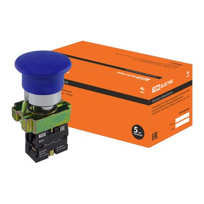 Кнопка грибовидная SB2-BС61 с возвратом, 1НО, d22 мм, синяя, IP40 TDM Кнопка грибовидная SB2-BС61 с возвратом, 1НО, d22 мм, синяя, IP40 TDM