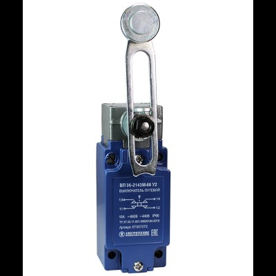 Выключатель ВП 36-2143М-66 У2, рычаг со стальным роликом, регулируемый по длине, 1з+1р, безинерционный, 30х60 мм, без сальника, 3А, IP66, путевой (ЭТ) ET007272 Выключатель ВП 36-2143М-66 У2, рычаг со стальным роликом, регулируемый по длине, 1з+1р, безинерционный, 30х60 мм, без сальника, 3А, IP66, путевой (ЭТ) ET007272