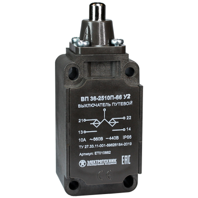 Выключатель ВП 36-2510П-66 У2, толкатель, 1з+1р, инерционный, 30х60 мм, без сальника, 3А, IP66, путевой (ЭТ) ET010882 Выключатель ВП 36-2510П-66 У2, толкатель, 1з+1р, инерционный, 30х60 мм, без сальника, 3А, IP66, путевой (ЭТ) ET010882