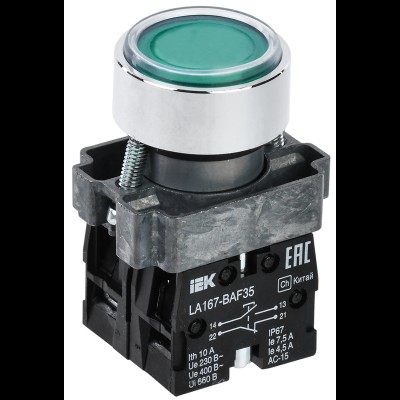 Кнопка LA167-BAF35 d=22мм 1з+1р зеленая IEK BBT20-BAF35-3-22-67-K06 Кнопка LA167-BAF35 d=22мм 1з+1р зеленая IEK BBT20-BAF35-3-22-67-K06