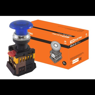 Кнопка AELA-22 Грибок синий d22мм неон/230В 1з+1р SQ0704-0035 Кнопка AELA-22 Грибок синий d22мм неон/230В 1з+1р SQ0704-0035