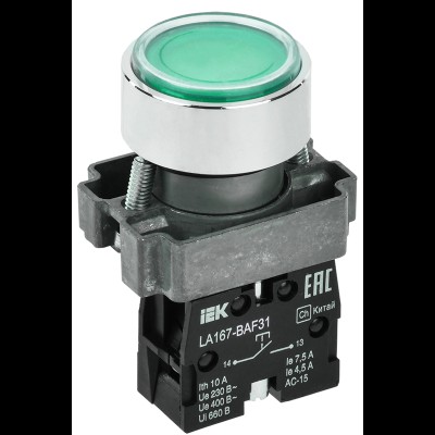 Кнопка LA167-BAF31 d=22мм 1з зеленая IEK BBT20-BAF31-1-22-67-K06 Кнопка LA167-BAF31 d=22мм 1з зеленая IEK BBT20-BAF31-1-22-67-K06