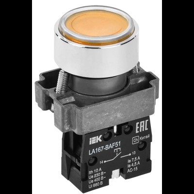 Кнопка LA167-BAF51 d=22мм 1з желтая IEK BBT20-BAF51-1-22-67-K05 Кнопка LA167-BAF51 d=22мм 1з желтая IEK BBT20-BAF51-1-22-67-K05