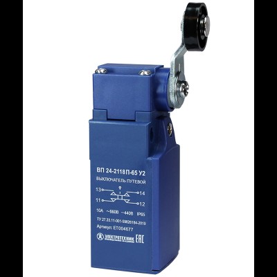 Выключатель ВП 24-2118П-65 У2, рычаг с пластиковым роликом, 1з+1р, безинерционный, 20 мм, без сальника, 3А, IP65, путевой (ЭТ) ET004677 Выключатель ВП 24-2118П-65 У2, рычаг с пластиковым роликом, 1з+1р, безинерционный, 20 мм, без сальника, 3А, IP65, путевой (ЭТ) ET004677