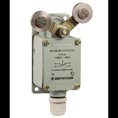 Выключатель ВК-300-БВ-11-67У2-25, V-образный рычаг с роликом на каждом плече, с сальником, ход вправо и влево, без cамовозврата, ступень 2- 51мм, IP67, концевой (ЭТ) ET515949 Выключатель ВК-300-БВ-11-67У2-25, V-образный рычаг с роликом на каждом плече, с сальником, ход вправо и влево, без cамовозврата, ступень 2- 51мм, IP67, концевой (ЭТ) ET515949