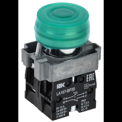 Кнопка LA167-BP35 d=22мм 1з+1р зеленая IEK BBT20-BP35-3-22-67-K06 Кнопка LA167-BP35 d=22мм 1з+1р зеленая IEK BBT20-BP35-3-22-67-K06