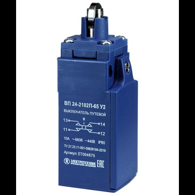 Выключатель ВП 24-2102П-65 У2, толкатель с роликом, 1з+1р, безинерционный, 20 мм, без сальника, 3А, IP65, путевой (ЭТ) ET004675 Выключатель ВП 24-2102П-65 У2, толкатель с роликом, 1з+1р, безинерционный, 20 мм, без сальника, 3А, IP65, путевой (ЭТ) ET004675