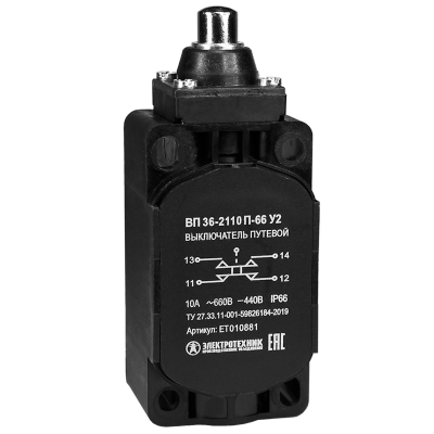 Выключатель ВП 36-2110П-66 У2, толкатель, 1з+1р, безинерционный, 30х60 мм, без сальника, 3А, IP66, путевой (ЭТ) ET010881 Выключатель ВП 36-2110П-66 У2, толкатель, 1з+1р, безинерционный, 30х60 мм, без сальника, 3А, IP66, путевой (ЭТ) ET010881